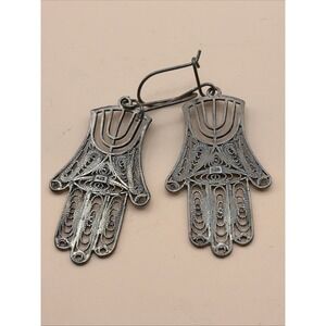 Vtg 925 Sterling Silver Filigree Hamsa Menorah Dangle Earrings Israel Judaica
